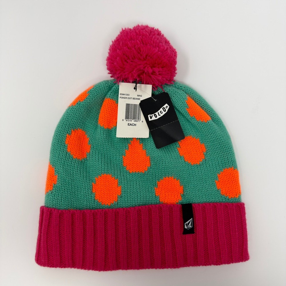 Volcom Poker Dot Beanie Teal Pink Orange Knit Pom Pom Hat E5841303 NWT